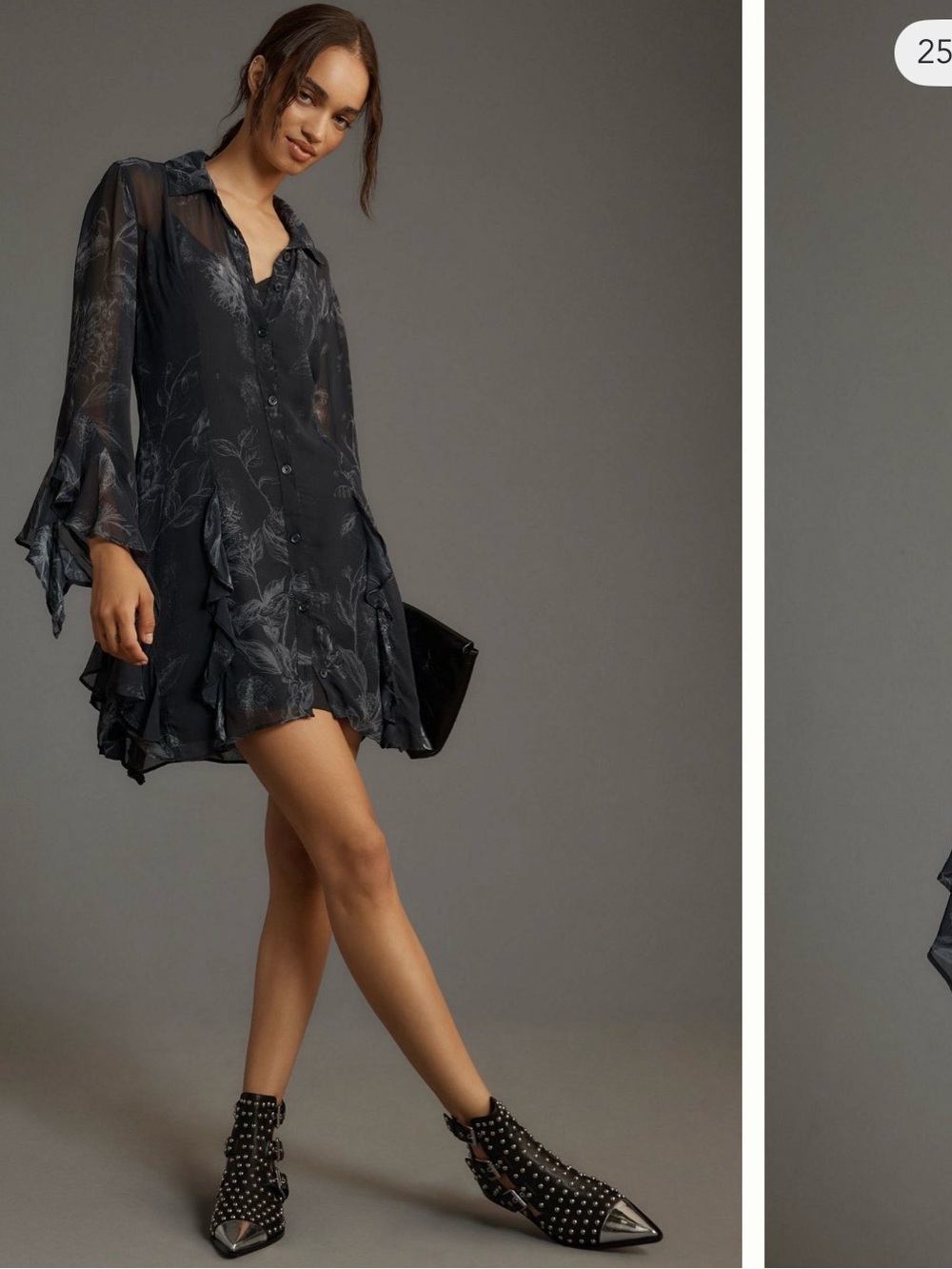 Anthropologie Sheer Black Floral-Print Mini Dress